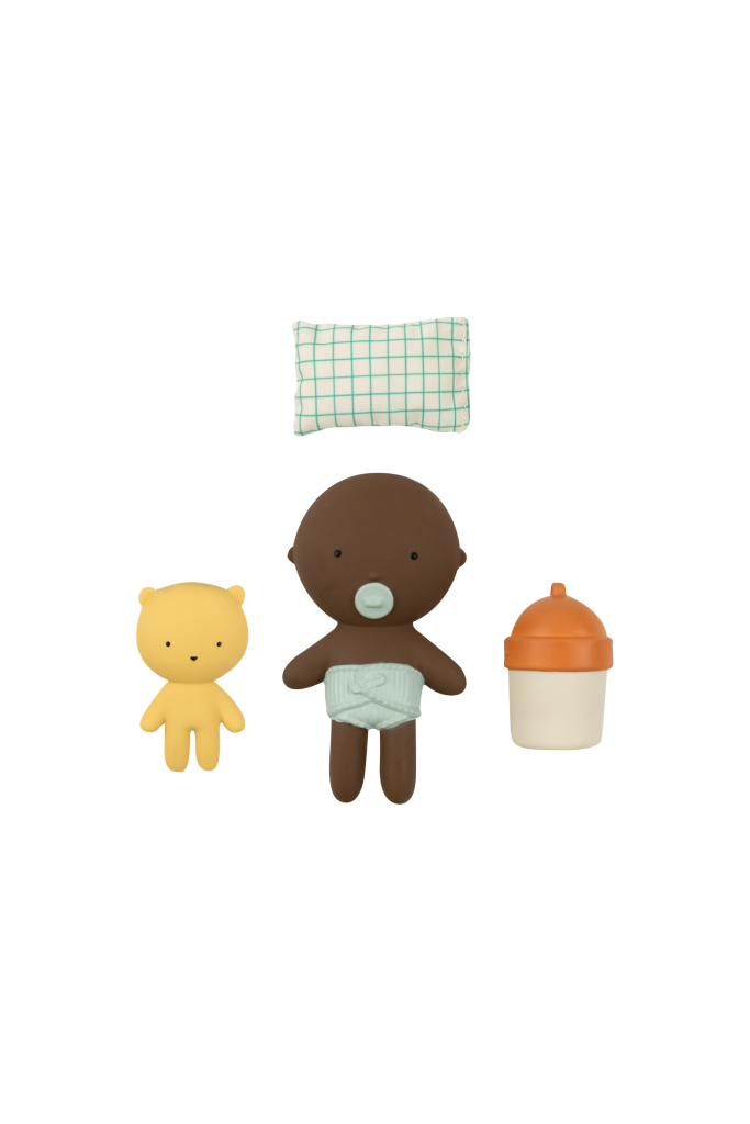 Gommu Pocket, couleur Choco, Mini poupon 10 cm avec ourson et accessoires
