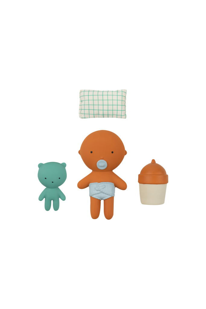 Gommu Pocket, couleur Amande, Mini poupon 10 cm avec ourson et accessoires