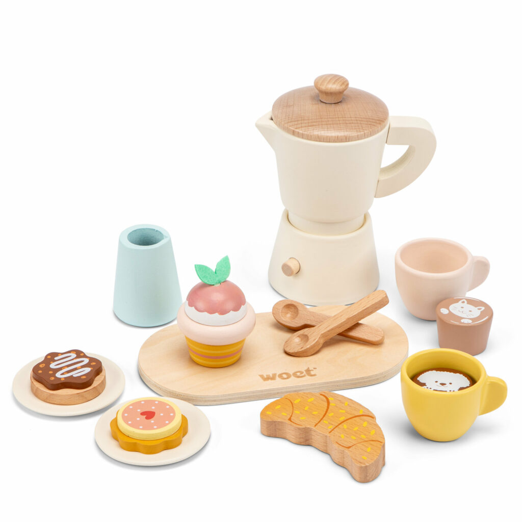 Percolateur à café en bois – Set de dinette avec pâtisseries dès 3 ans