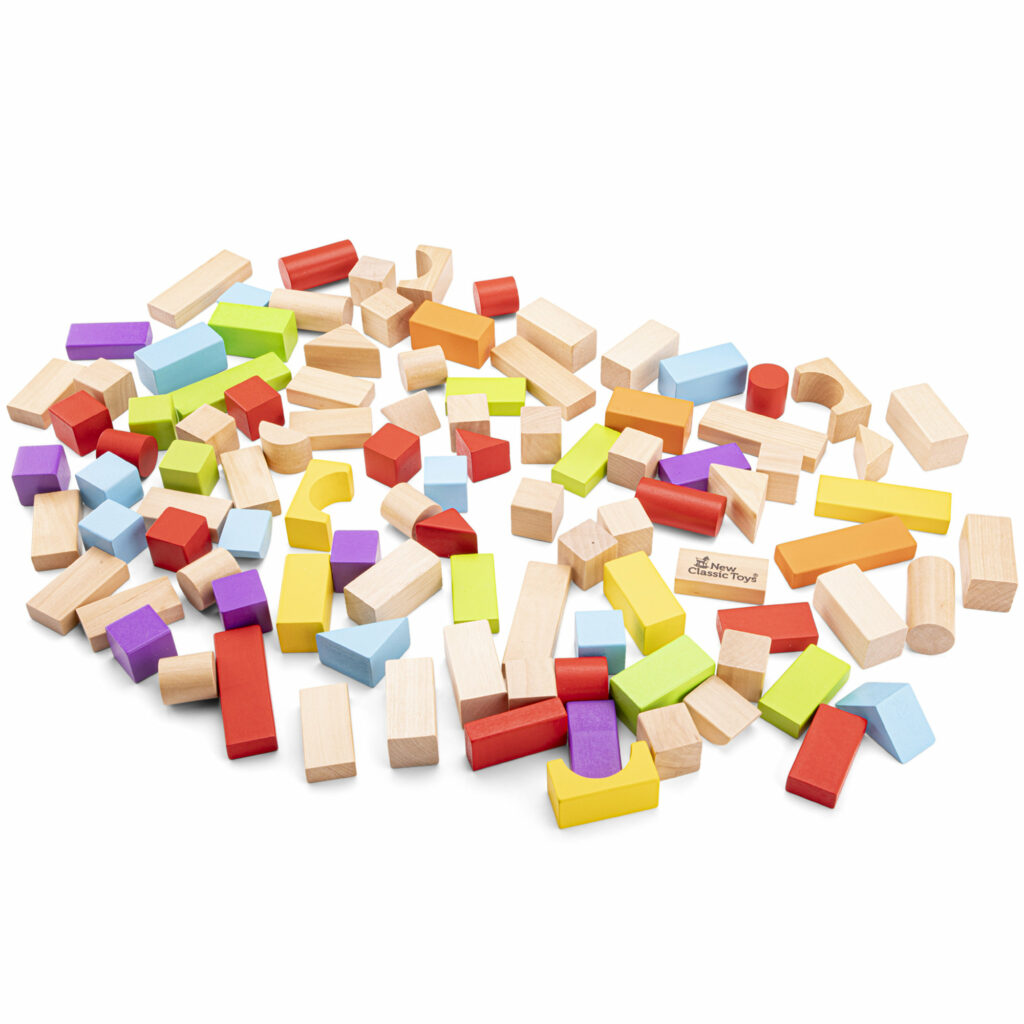 Blocs de construction en bois – 100 pièces couleurs vives dès 18 mois