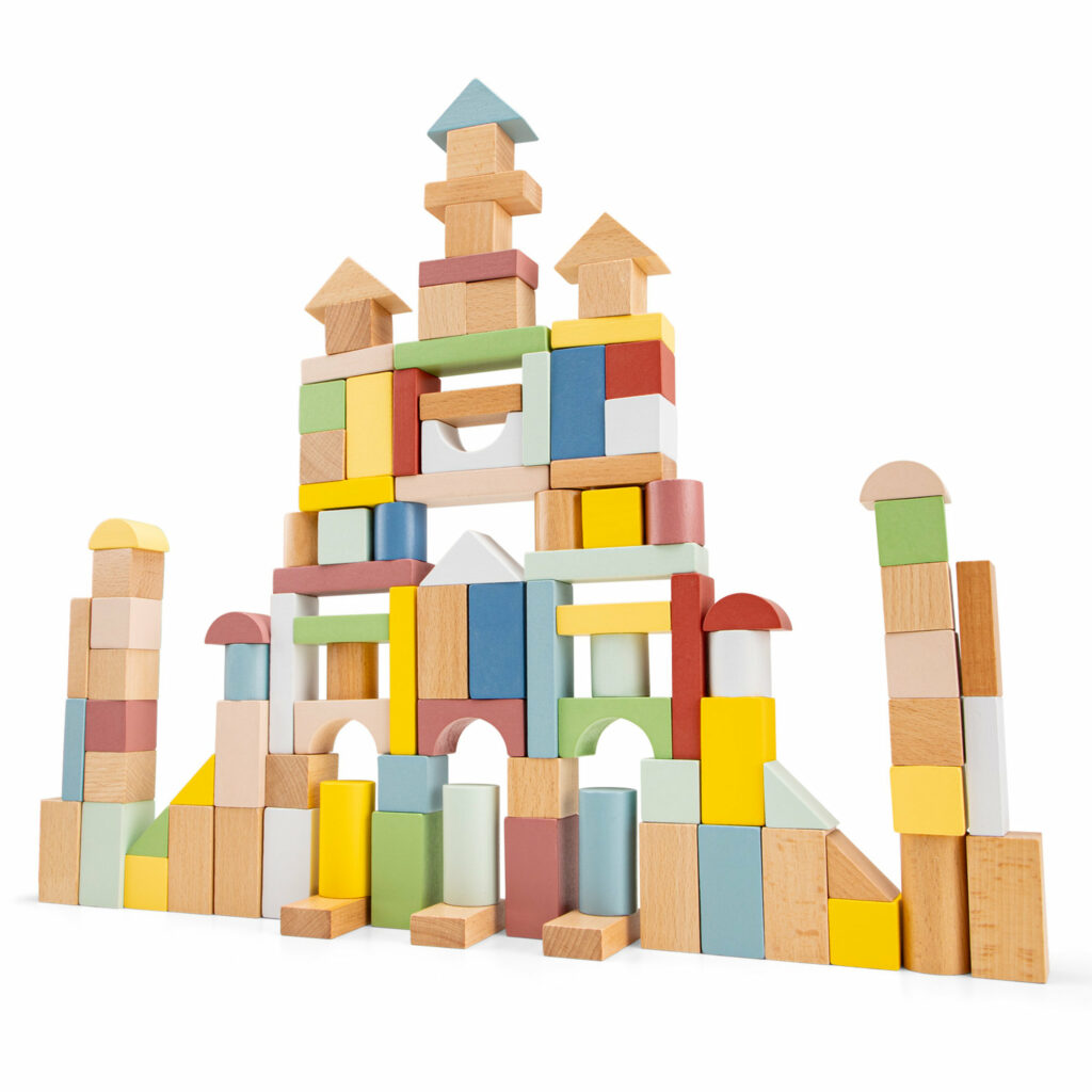 Blocs de construction en bois – 100 pièces aux couleurs pastel