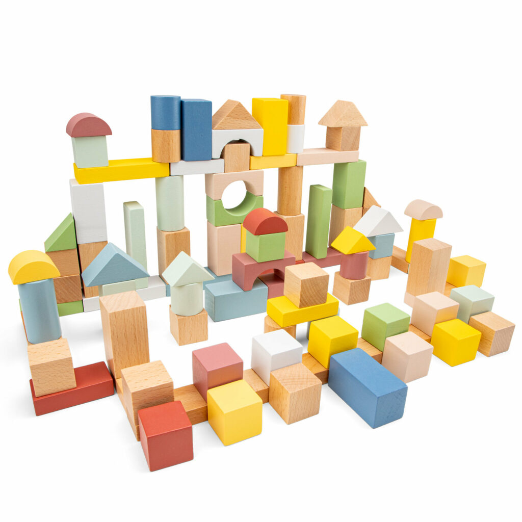 Blocs de construction en bois – 100 pièces aux couleurs pastel