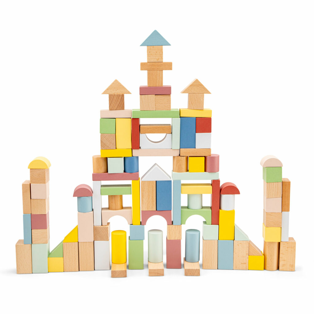 Blocs de construction en bois – 100 pièces aux couleurs pastel