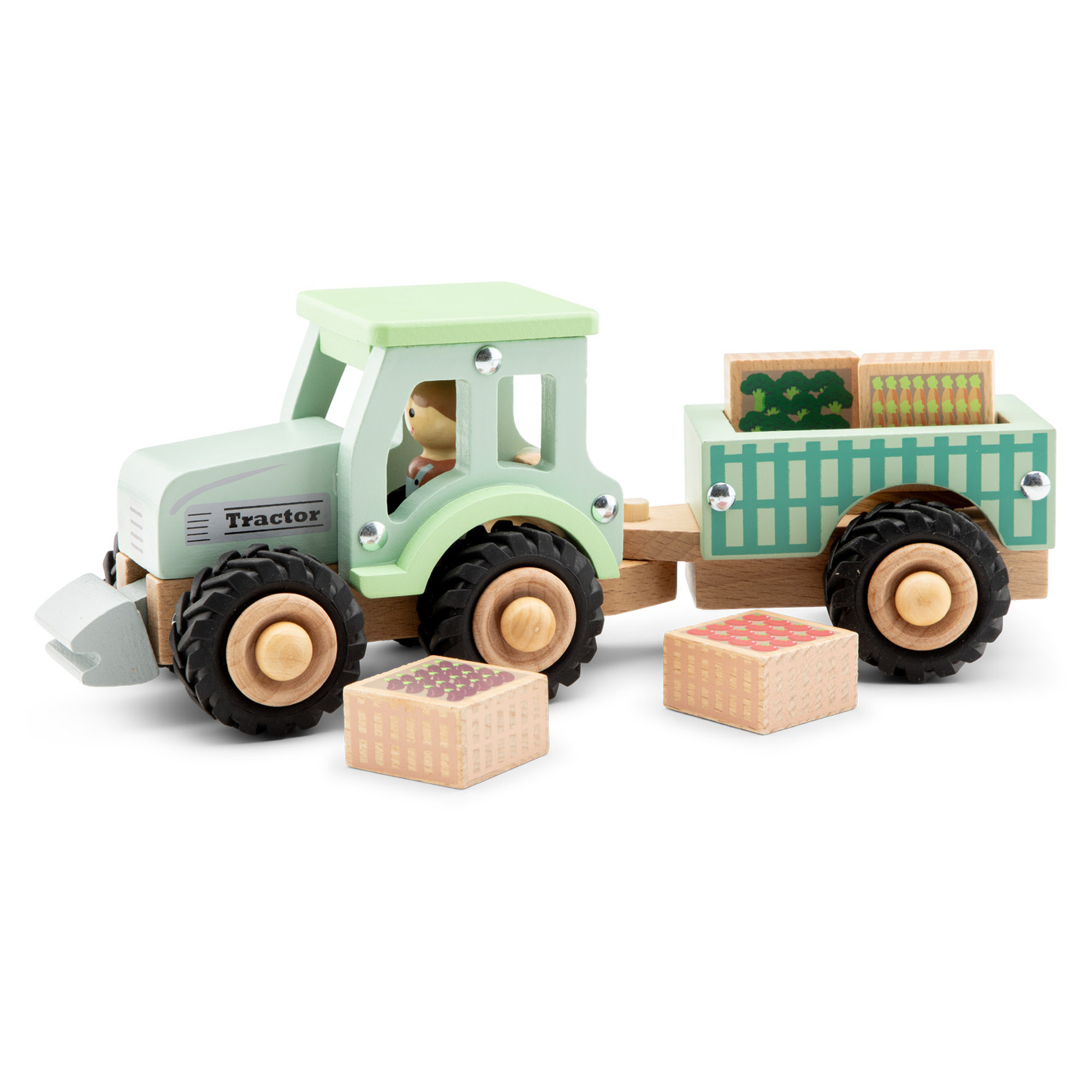 Tracteur de ferme en bois – Remorque et cagettes dès 18 mois – Image 1