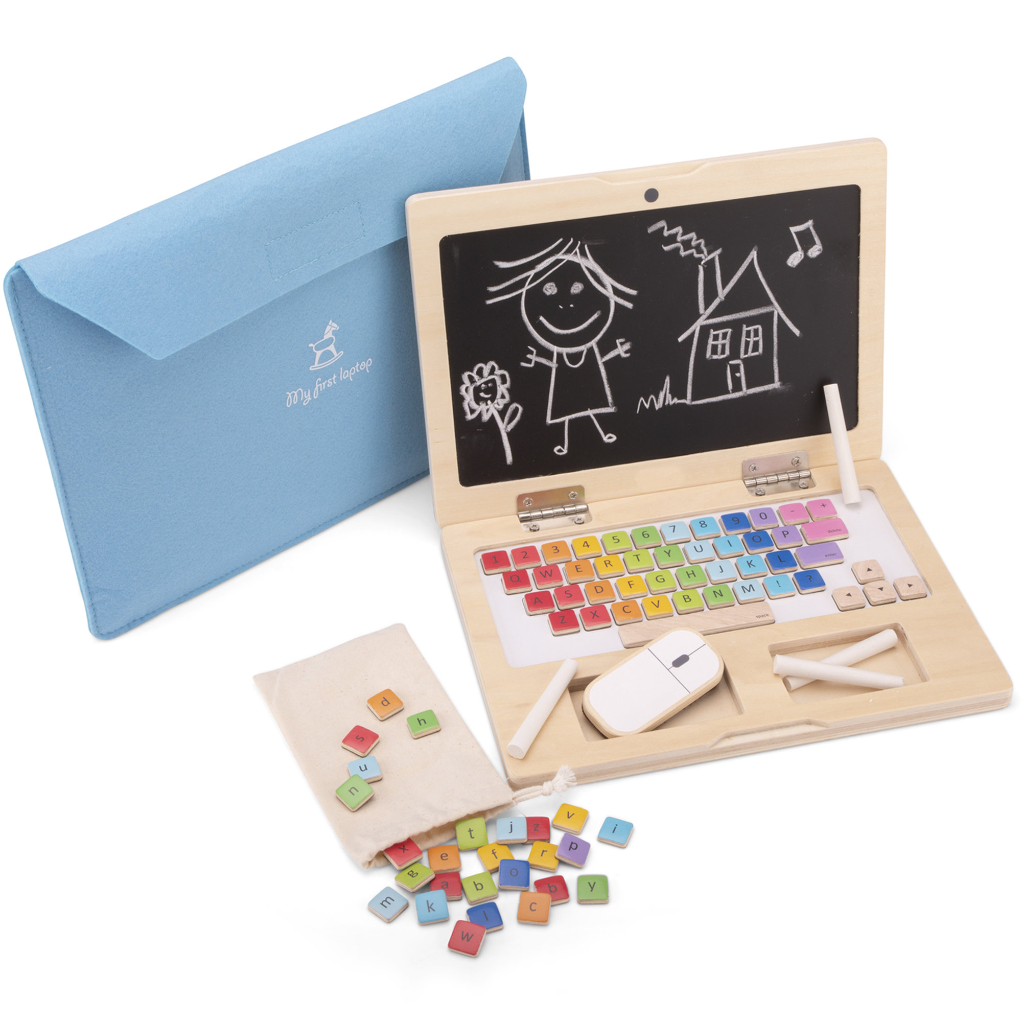 Ordinateur portable en bois – Tableau à craie magnétique dès 3 ans – Image 1
