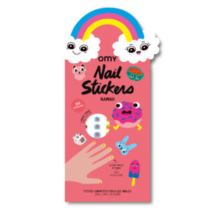 Boîte rose de stickers pour ongles Omy avec 200 autocollants kawaii et motifs colorés