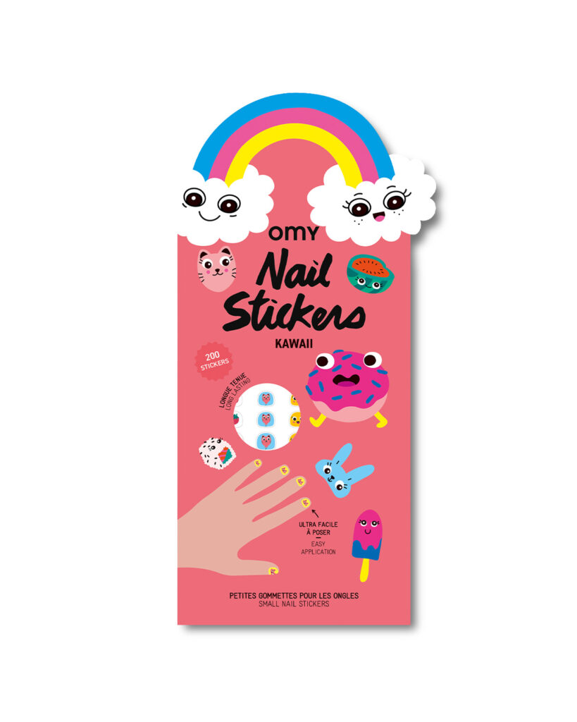 Boîte rose de stickers pour ongles Omy avec 200 autocollants kawaii et motifs colorés
