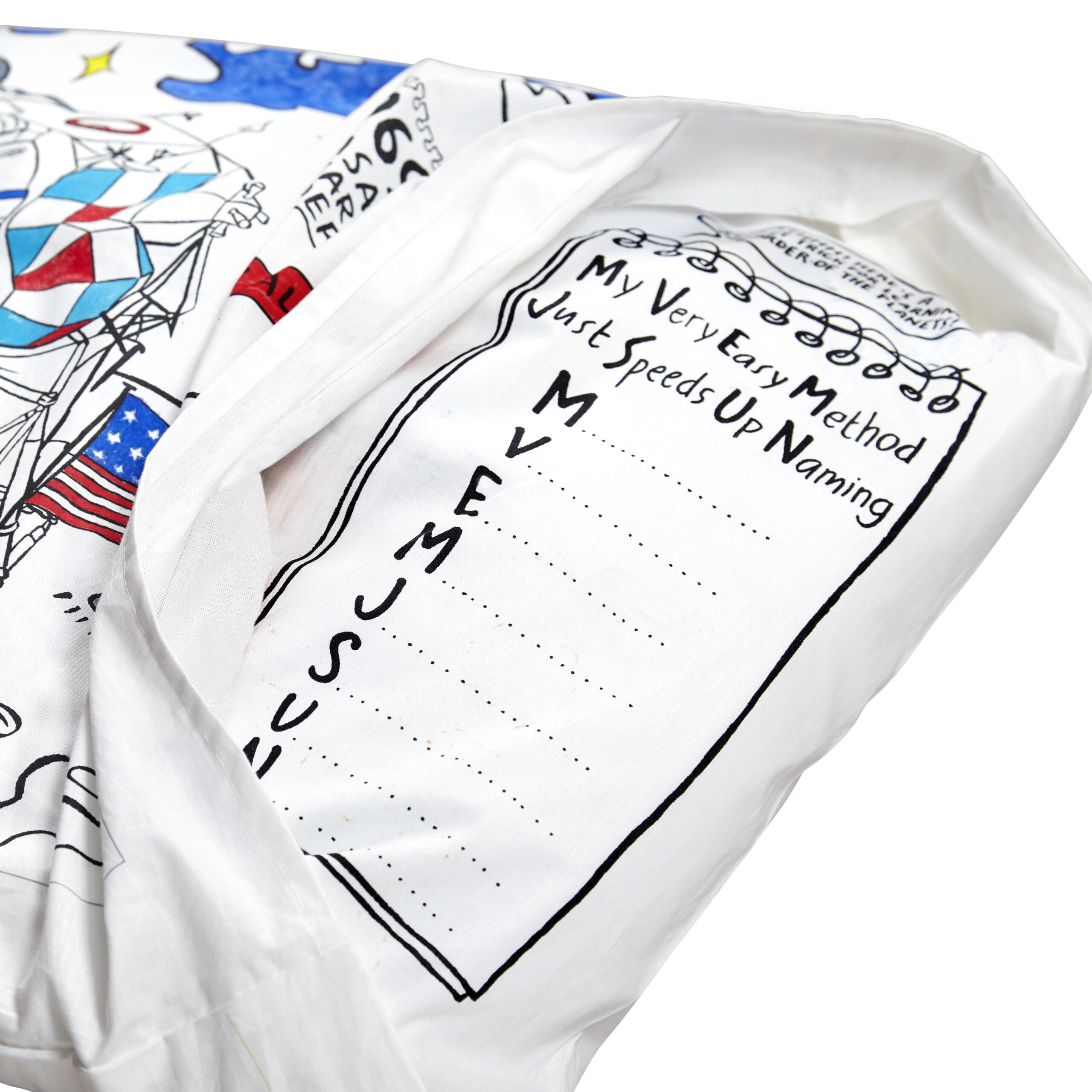 Détail d’un tissu blanc plié avec une carte colorée et des indications géographiques