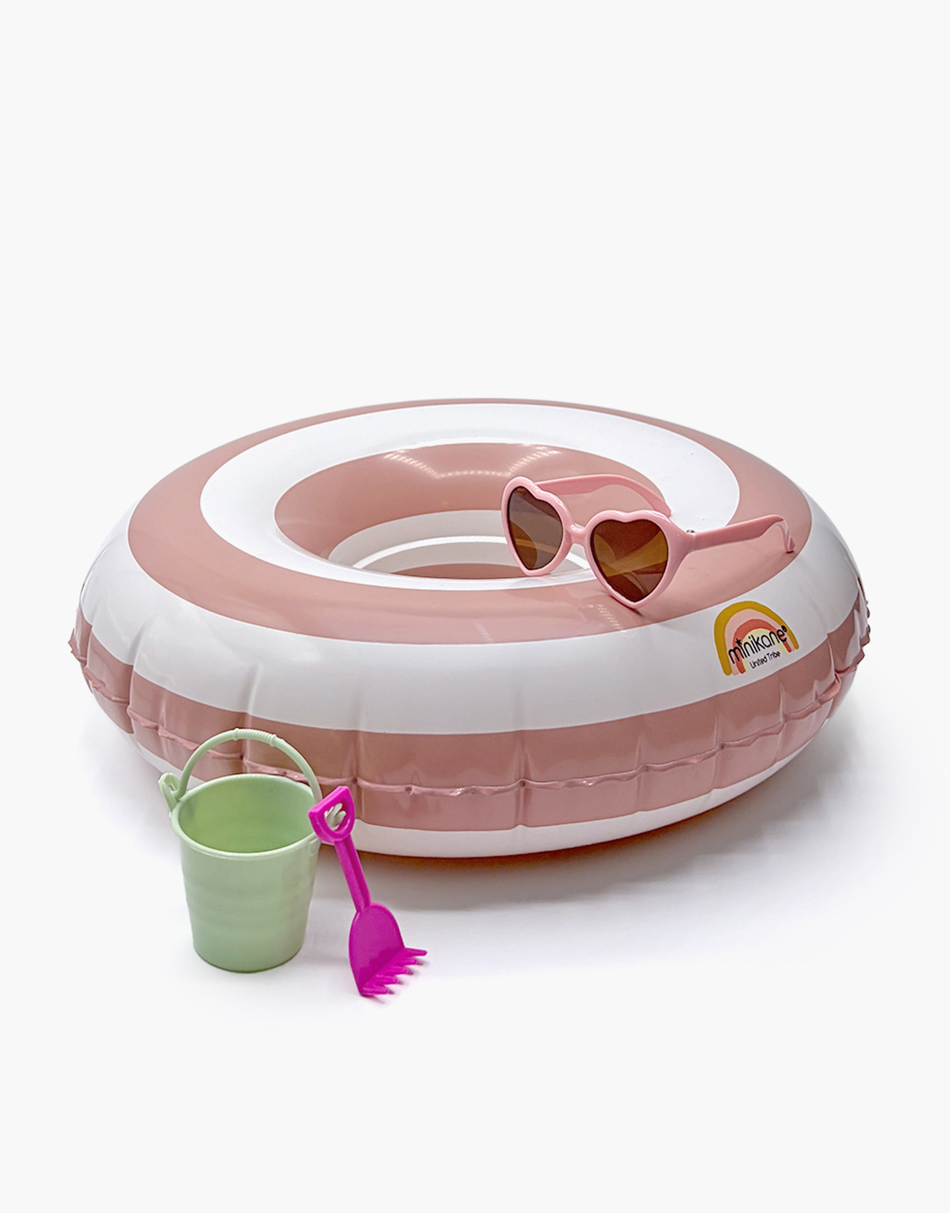 Piscine gonflable rose pour enfant avec lunettes, seau et râteau de plage